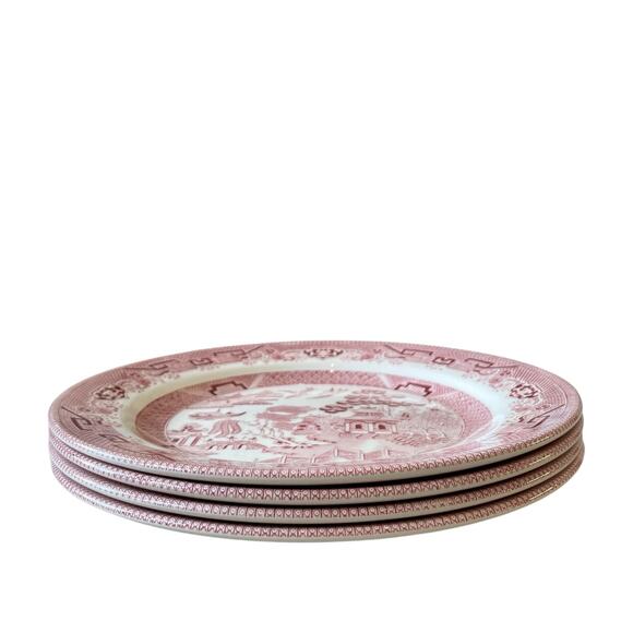 Queen's England WILLOW ROSA Porcelain Dinner Plates 10in Red White Set of 4 New - Picture 4 of 15